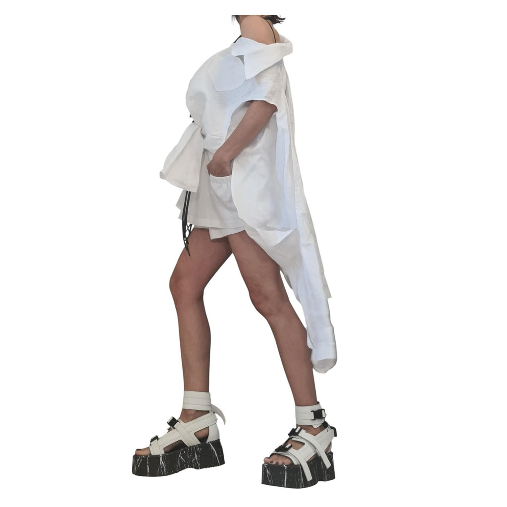 White Linen Two Piece Set, Open Back Shirt and Shorts Skirt