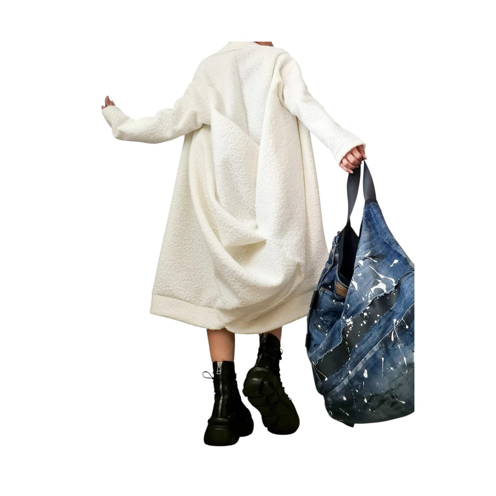 White Bouclé Wool Coat, Long Asymmetric Oversized Jacket, Plus Size Cocoon Cardigan
