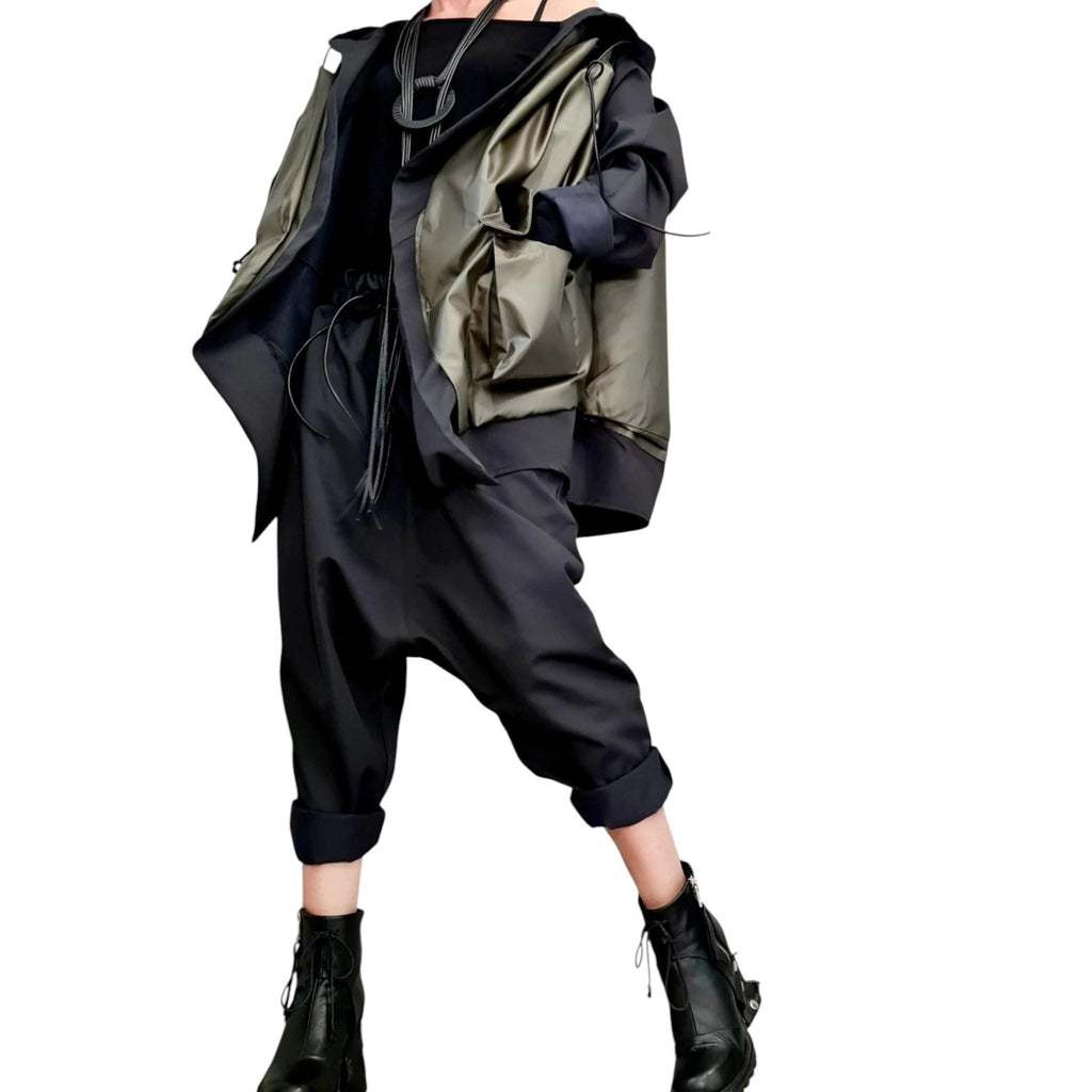 Oversized Asymmetrical Hooded Jacket, Colour Block Design, Large Patch Pockets