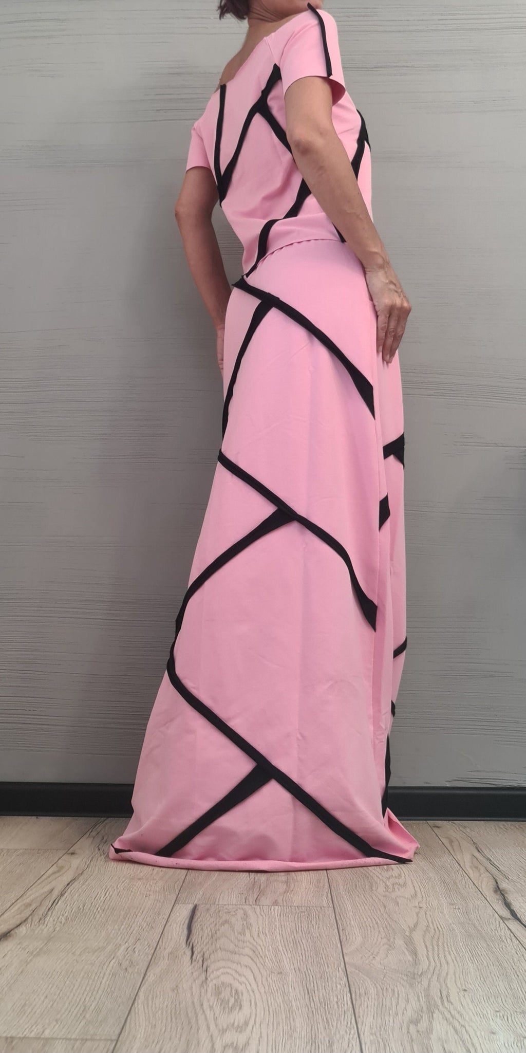 Pink Cotton High Waist Maxi Skirt, Asymmetrical Cropped Blouse, Contrast Trim, Two-Piece Co-Ord Set
