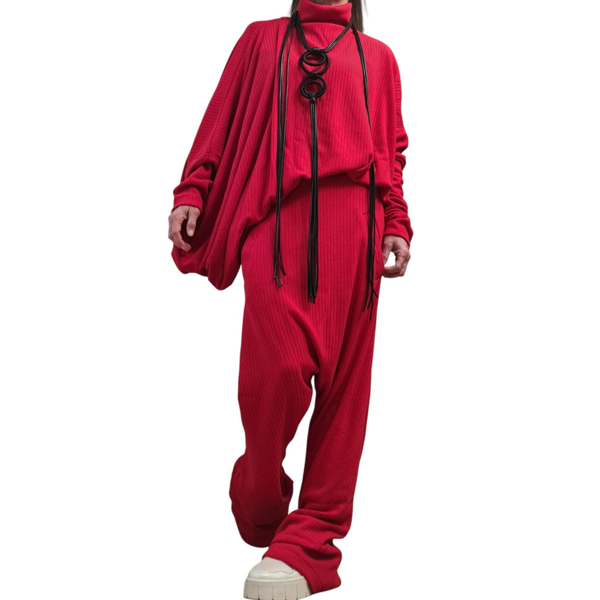 Red Knit Straight Leg Pants, Asymmetrical Batwing Turtleneck Top, Two-Piece Co-Ord Set, Plus Size