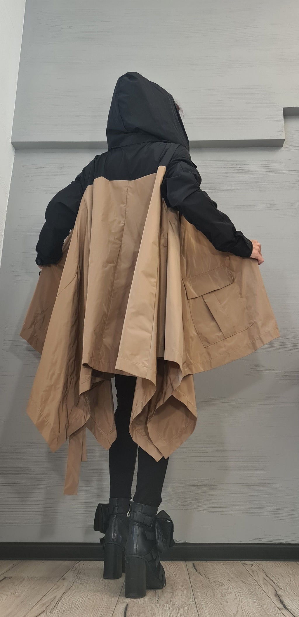 Beige and Black Asymmetrical Hooded Trench Coat, Deconstructed Design, Oversized Patch Pockets