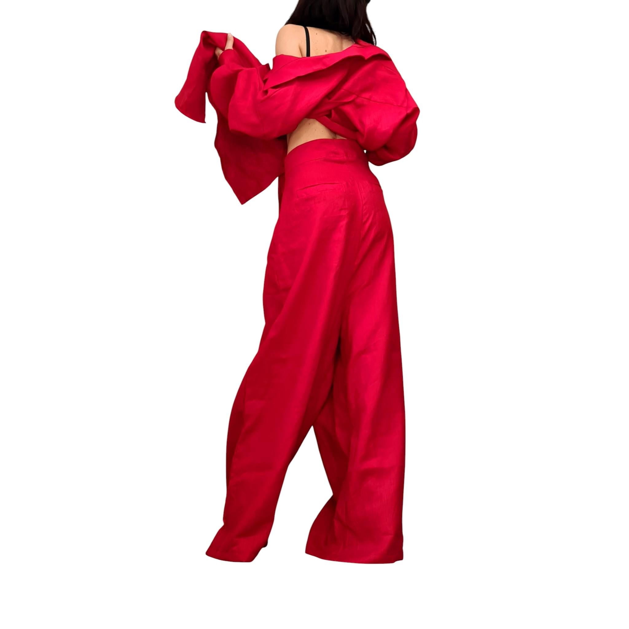 Red Linen Two Piece Women Set, Open Back Shirt, Wide Leg Harem Pants Outfit
