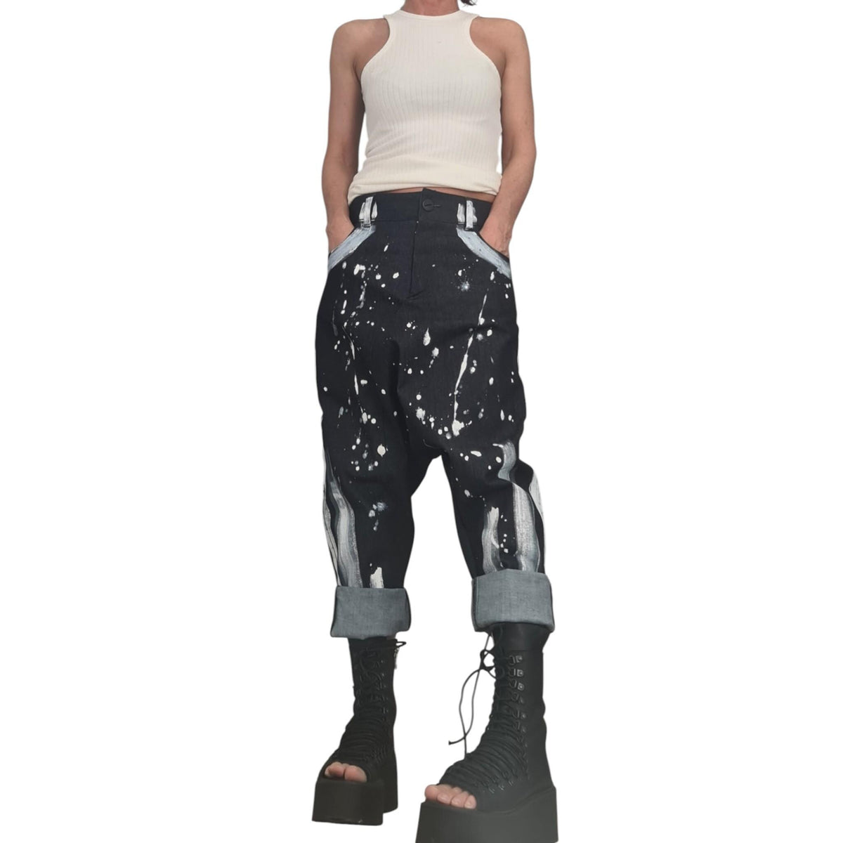 Painted Denim Harem Pants, Boho Baggy Unisex Jeans
