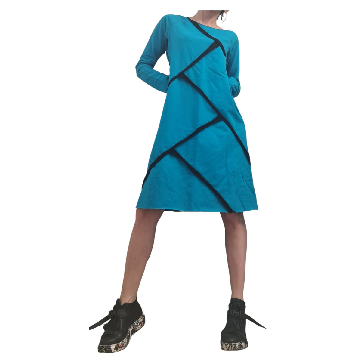 Turquoise Blue Asymmetric One Shoulder Dress, Plus Size Tunic, Long Sleeve Blouson