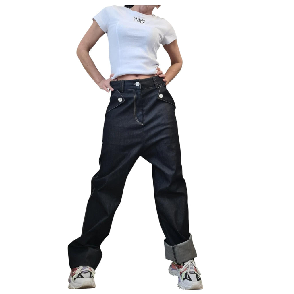 Dark Blue High-Waist Straight-Leg Denim Pants, Avant-Garde Streetwear Trousers