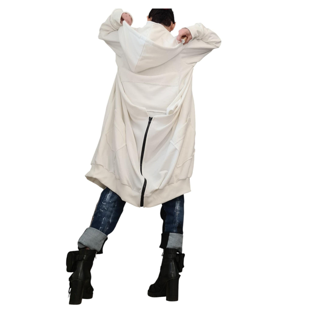 White Asymmetric Hooded Sweatshirt, Oversized Cotton Jacket, Longline Zip Up Hoodie