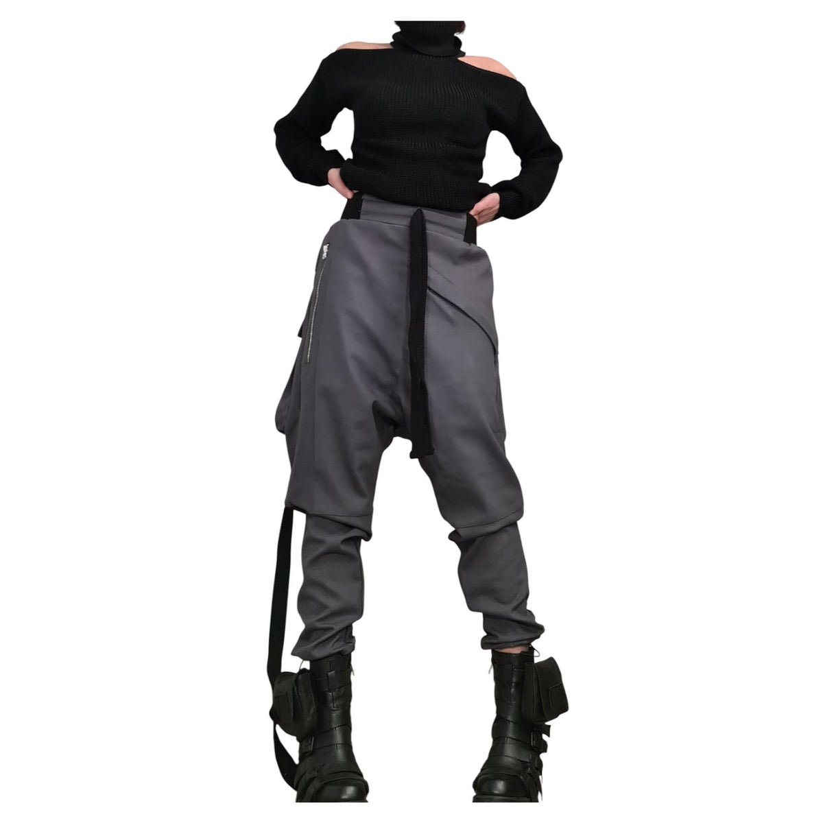 Grey Cargo Harem Pants, Utility Pockets, Tapered Leg