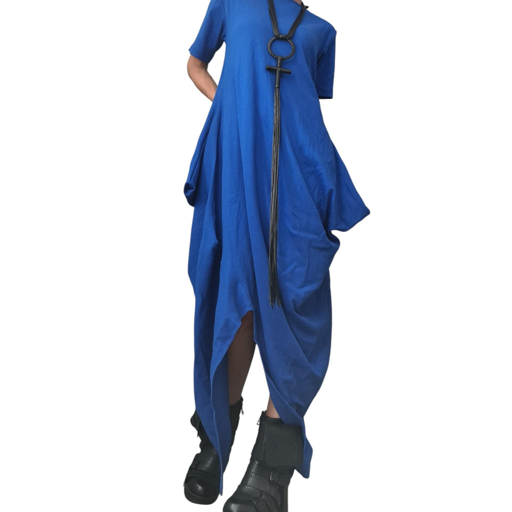 Royal Blue Cotton Rib Maxi Dress, Asymmetric Avant Garde Dress, Plus Size Kaftan