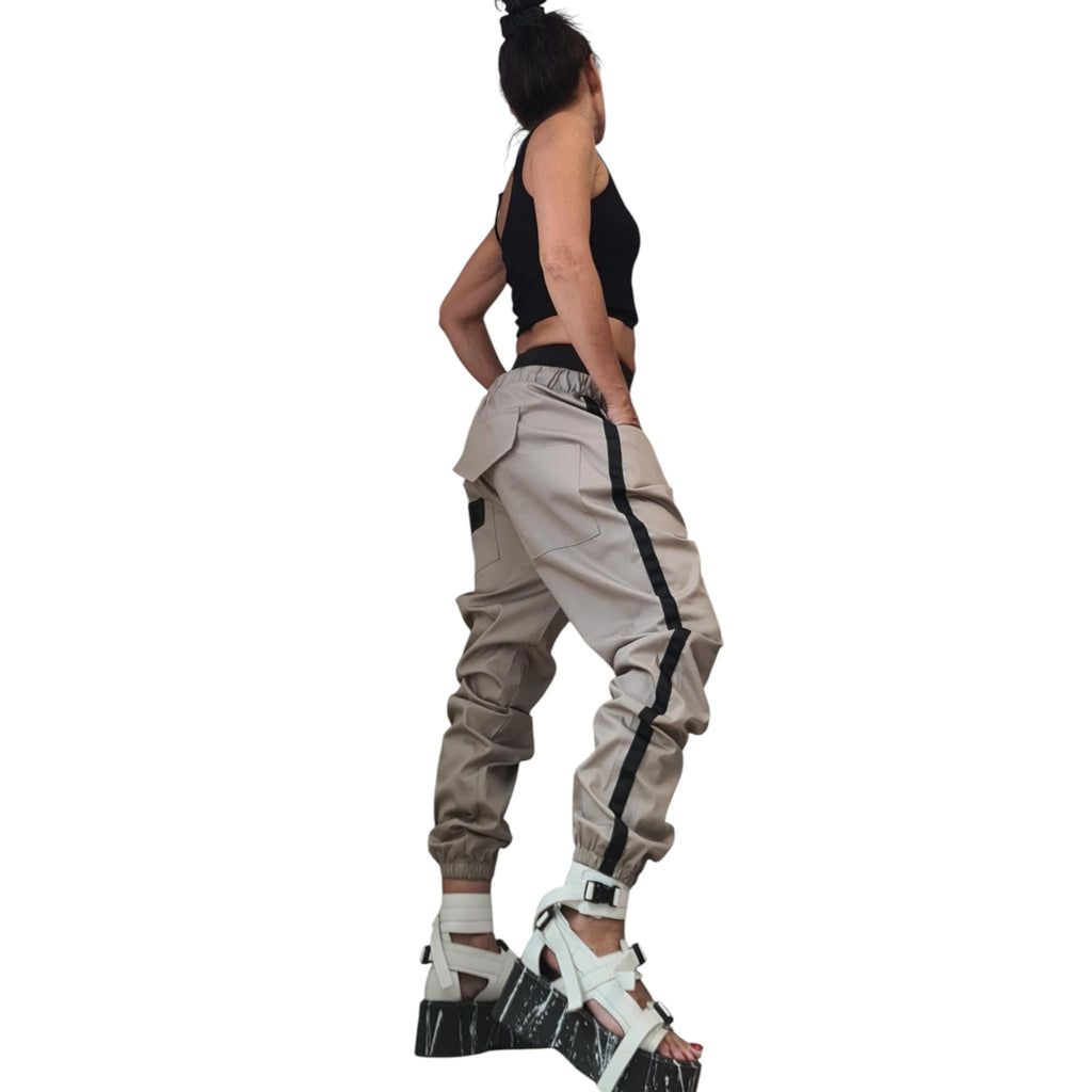 Beige Cargo Jogger Pants, Drop Crotch Trousers, Black Side Stripes, Elastic Waist, Multiple Pockets