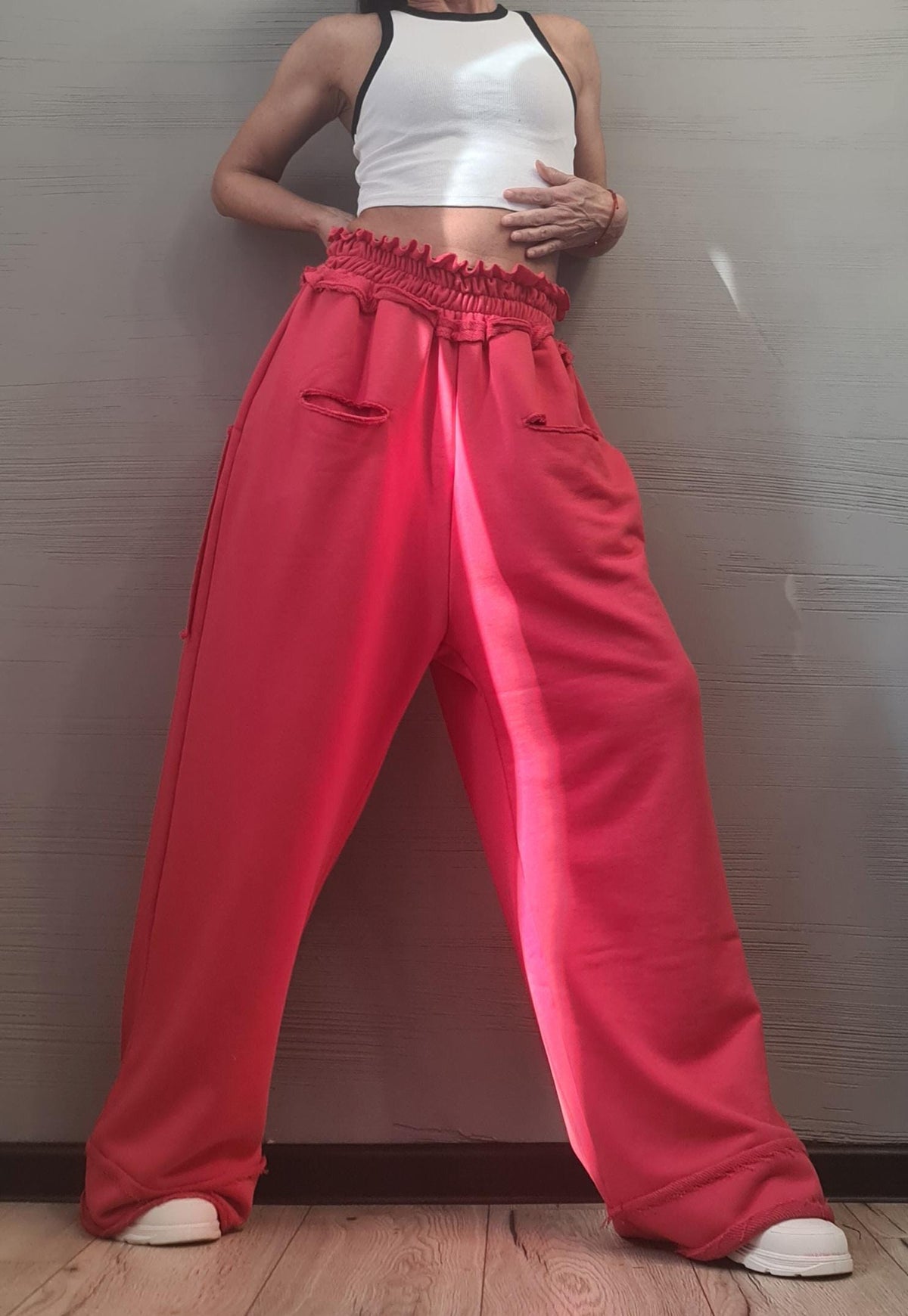 French Terry Wide Leg Pants, Elastic Waist, Asymmetric Back Pockets