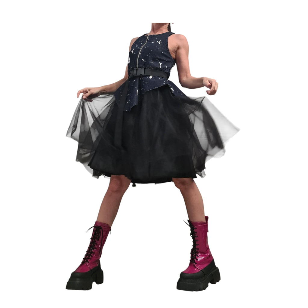 Asymmetric Denim Tulle Dress, Sleeveless Party Dress, Extravagant Design
