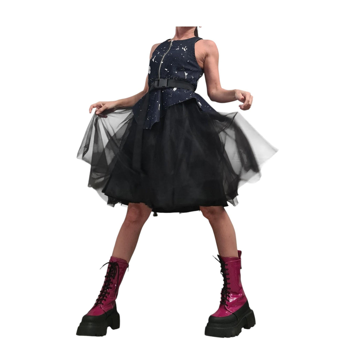 Asymmetric Denim Tulle Dress, Sleeveless Party Dress, Extravagant Design
