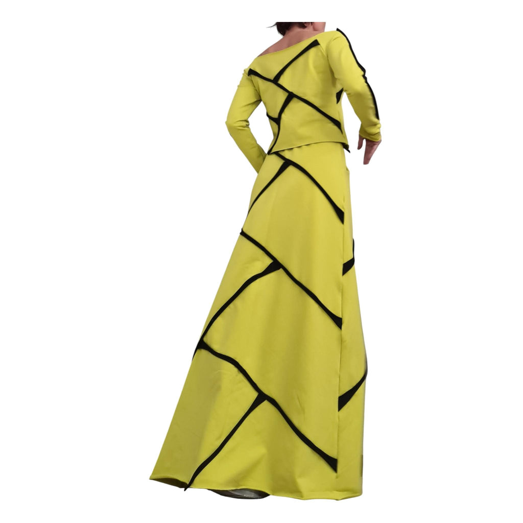 Pistachio Cotton High Waist Maxi Skirt, Asymmetrical Cropped Long-Sleeve Blouse, Contrast Trim, Co-Ord Set