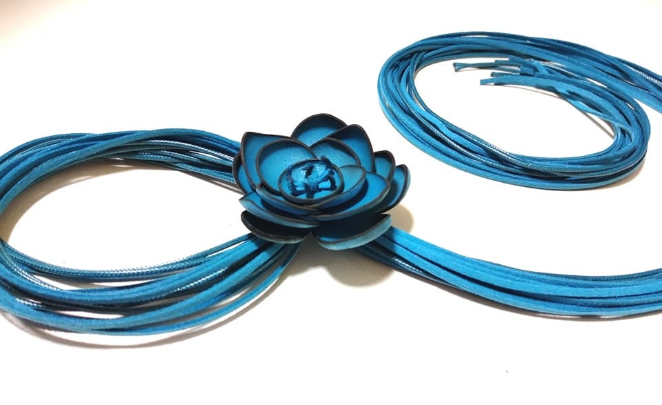 Blue Leather Flower Necklace, Handmade Avant Garde Long Necklace