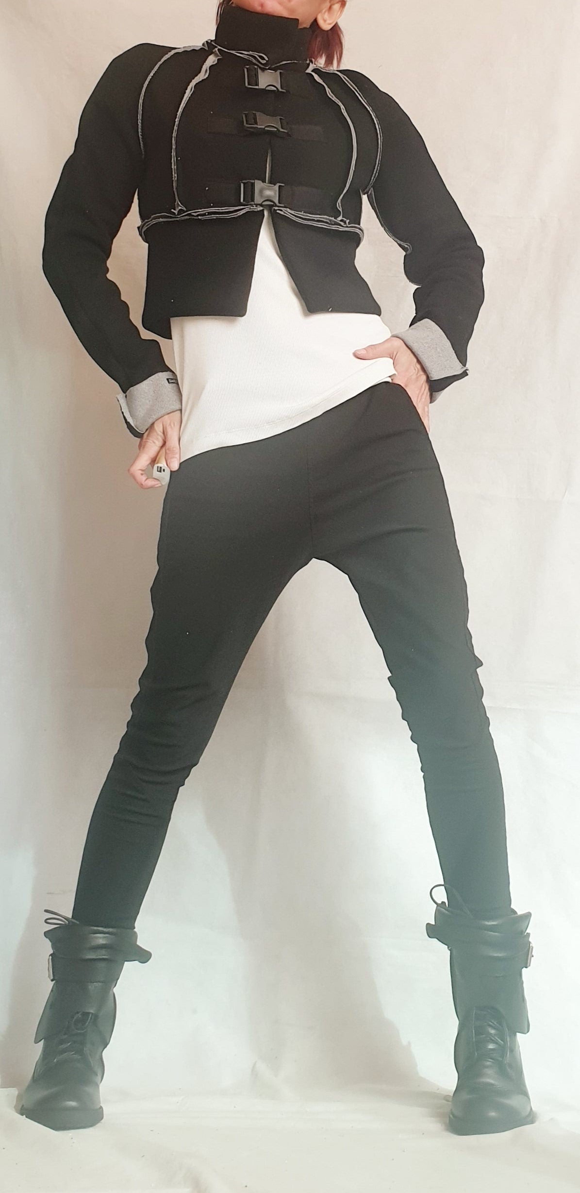 Black Cropped Wool Jacket, High Collar, Buckle Closures, Plus Size Coat, Contrast Seams