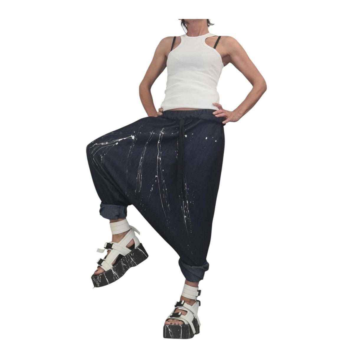 Extravagant Denim Harem Trousers, Avant Garde Deep Drop Crotch Pants for Women