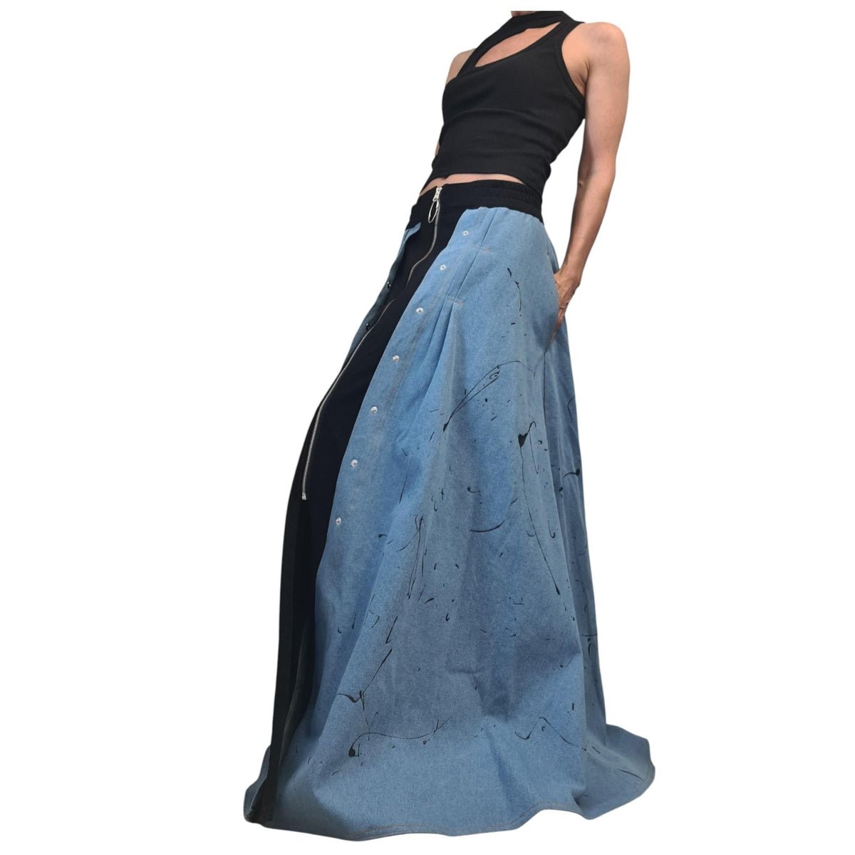 Deconstructed Avant Garde Cotton Denim Long Skirt, Extravagant Design
