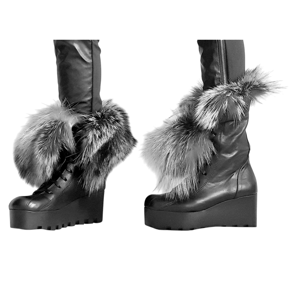 Fox Fur Wedge Boots, Platform Winter Booties, Handmade Leather Ankle Shoes