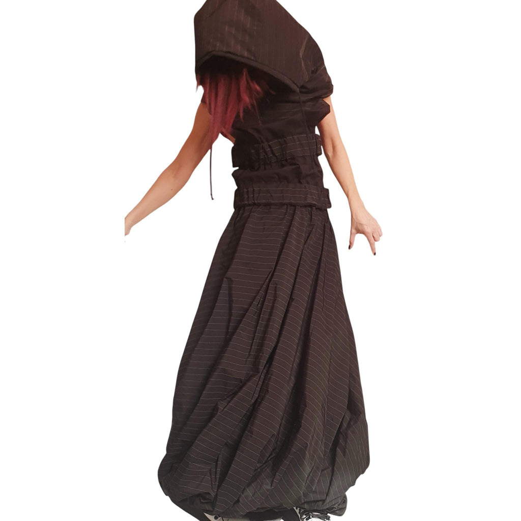 Black Pinstripe Cotton Sateen Co-Ord Set, Asymmetrical Hooded Vest, Maxi Skirt