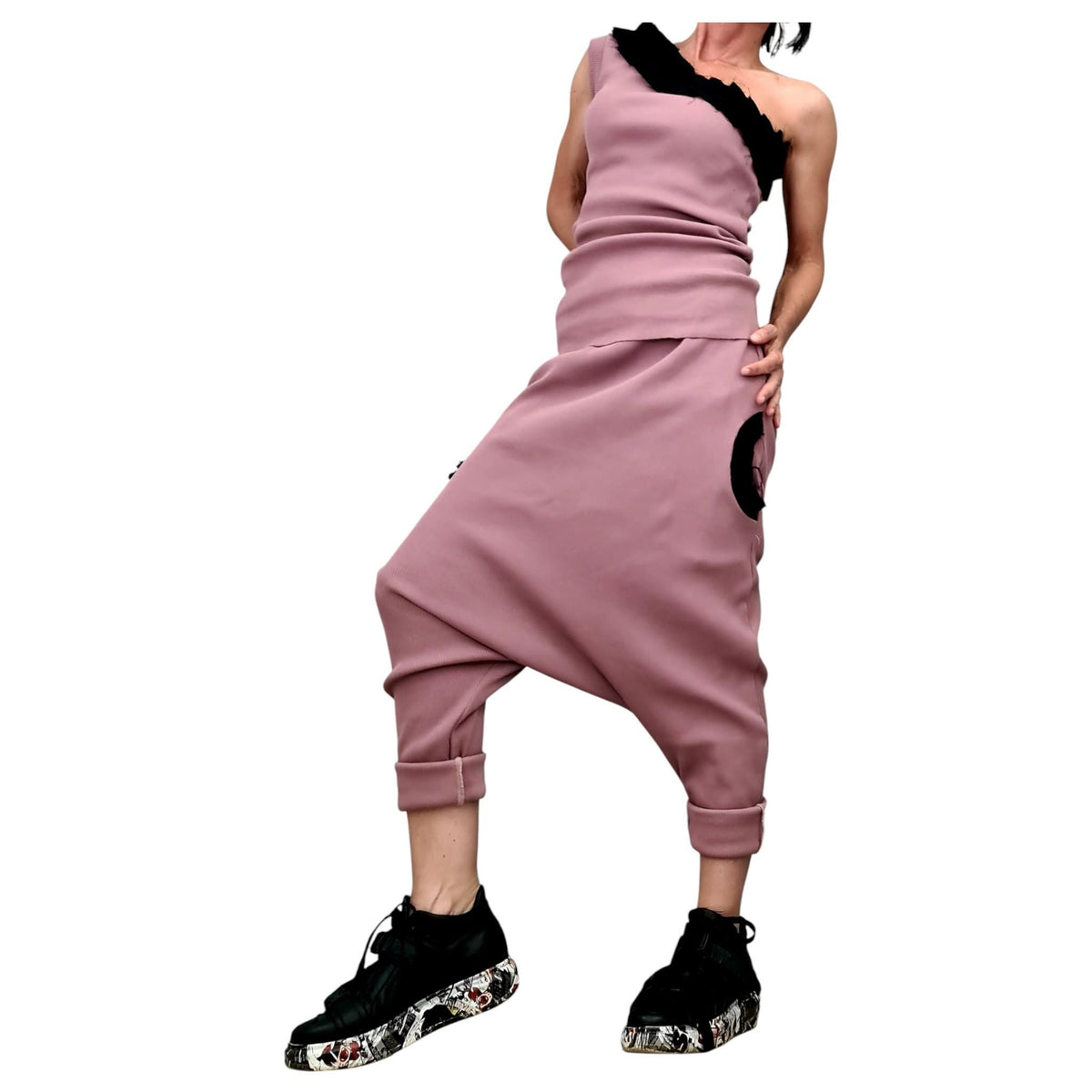 Dusty Rose Cotton Drop Crotch Harem Pants, One-Shoulder Ribbed Top, Black Trim, Co-Ord Set