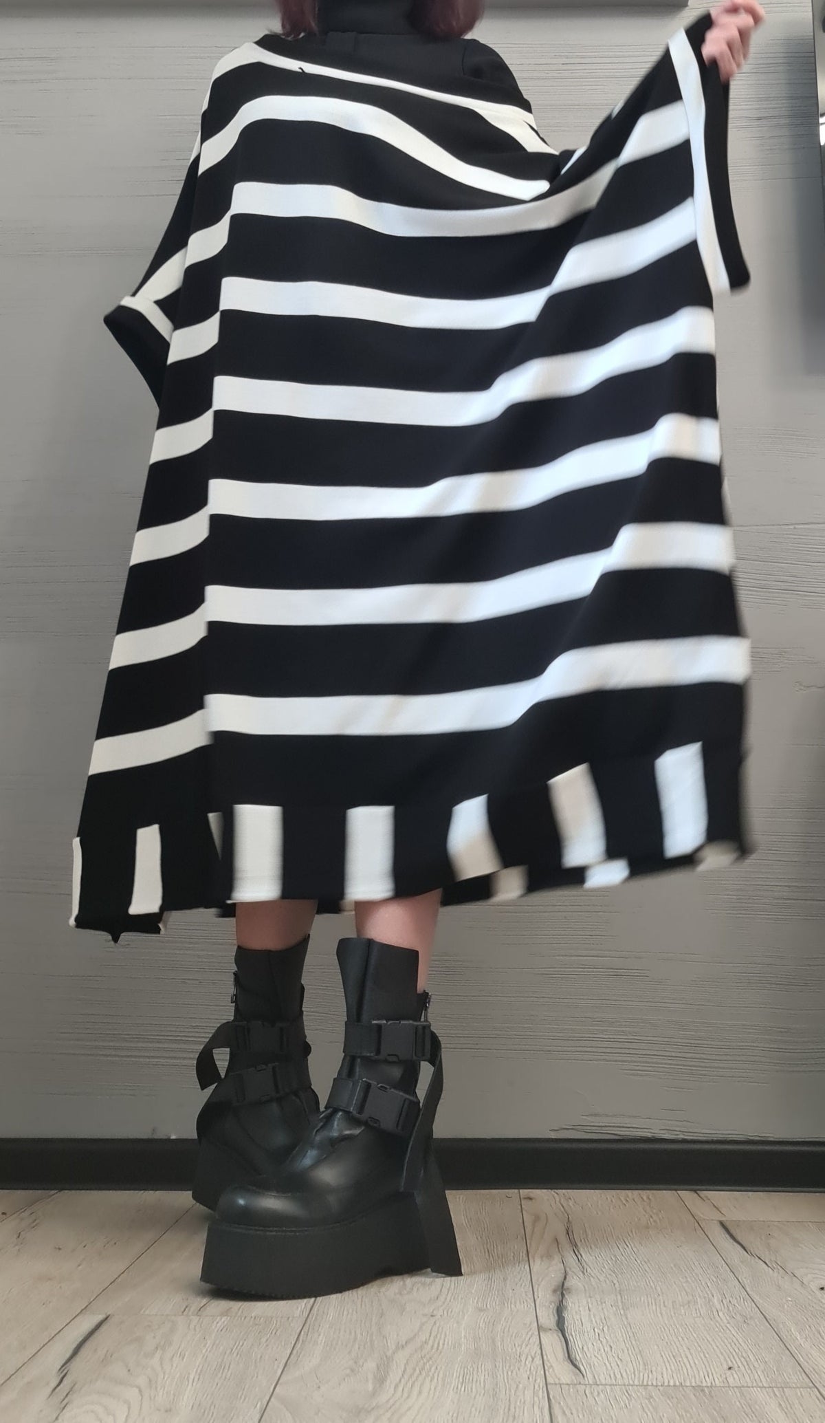 Black White Striped Cotton Knit Tunic Dress, Gothic Plus Size Set