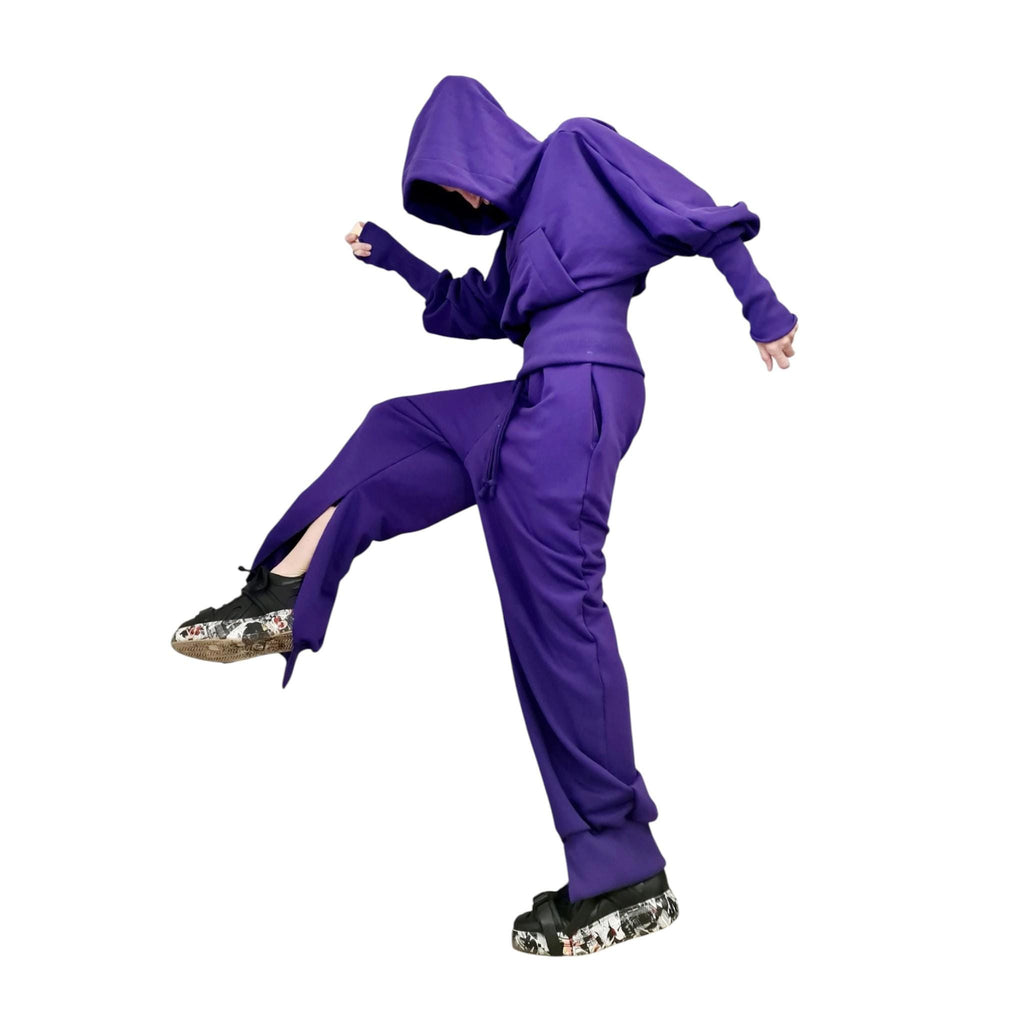 Purple Cotton Drop Crotch Harem Pants, Oversized Hooded Sweatshirt, Split Legs, Two-Piece Co-Ord Set