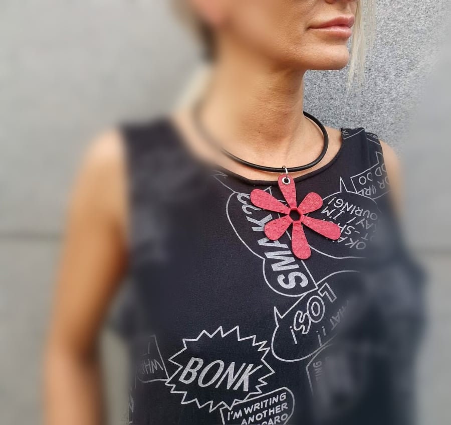 Red Flower Leather Necklace, Extravagant Leather Jewelry, HandMadeChristmas gift for her