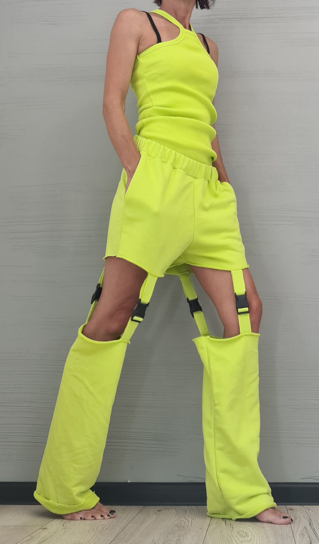 Lime Cotton Shorts, Detachable Pant Legs, Sleeveless Top, Convertible Two Piece Co-Ord Set