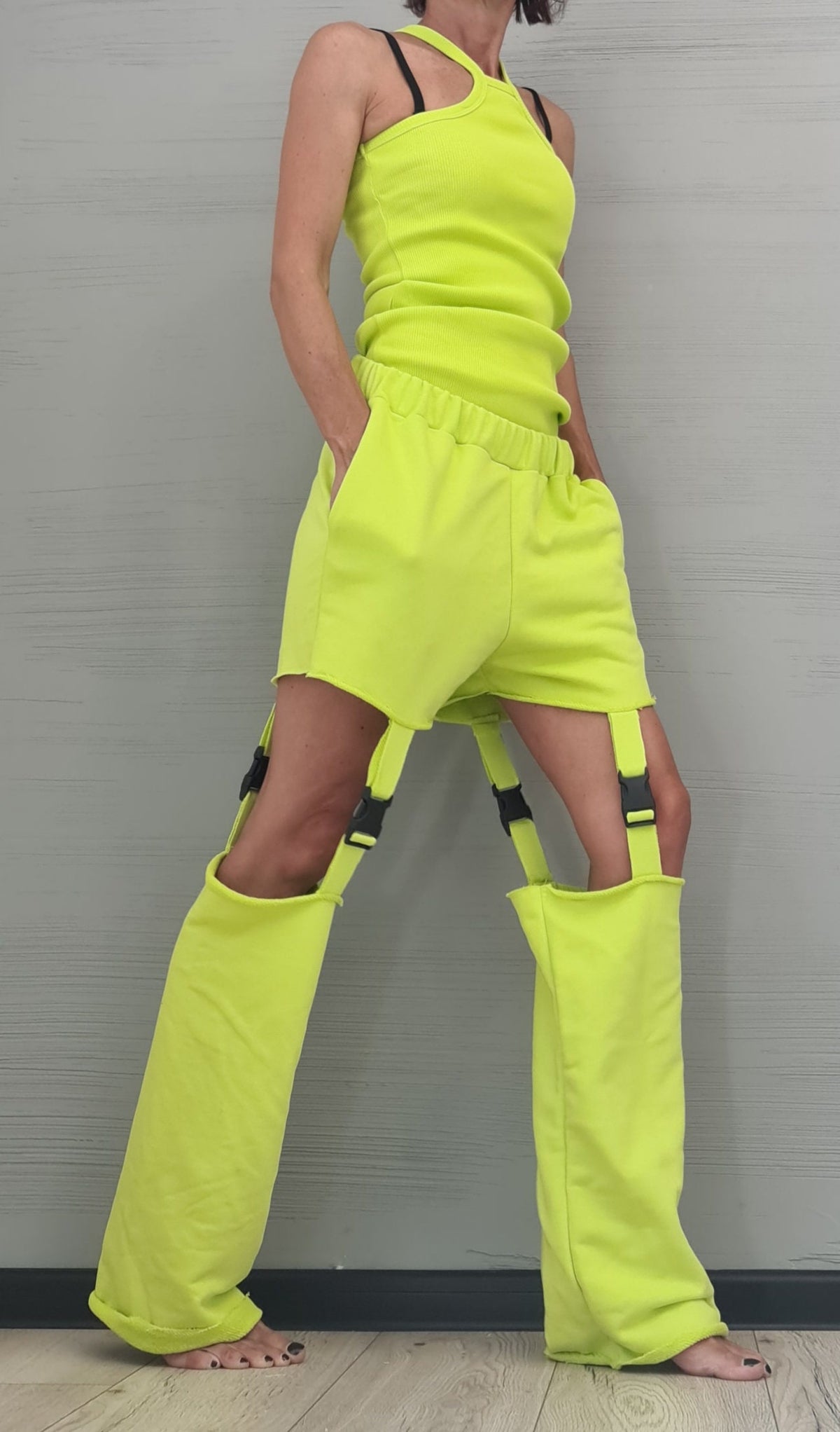 Lime Cotton Shorts, Detachable Pant Legs, Sleeveless Top, Convertible Two Piece Co-Ord Set