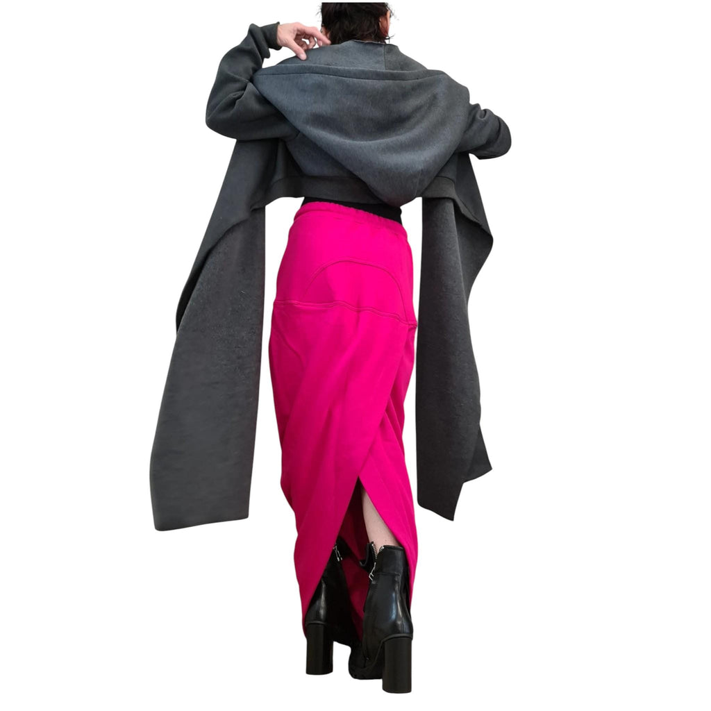 Grey Cotton Hooded Cardigan, Long Asymmetric Wrap Jacket, Cropped Back