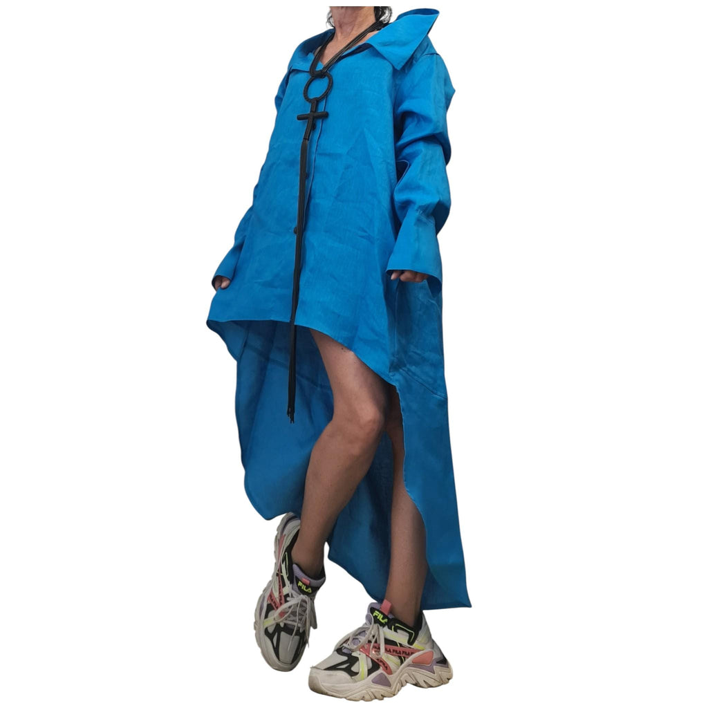 Turquoise Linen Shirt Tunic, High Low Beach Shirt Dress, Long Back Summer Top