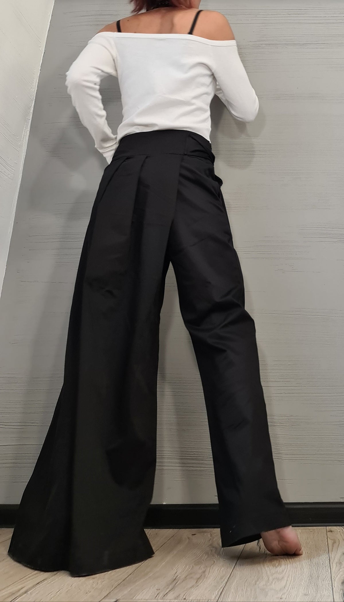 Avant Garde Asymmetric Wide Leg Pants, Black Wrap Front Trousers
