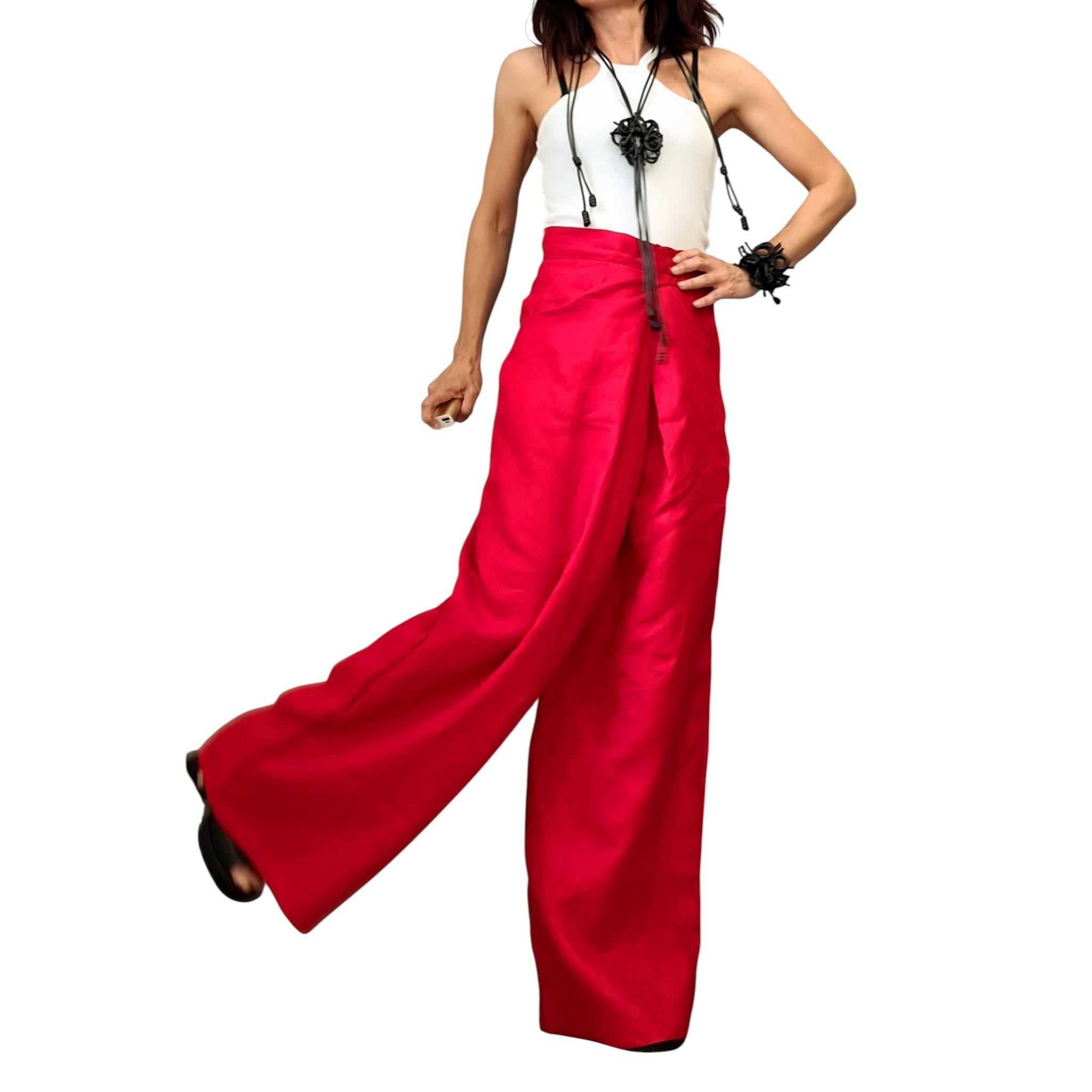 Red Wide Leg Linen Pants, Adjustable Waist Wrap Design, Avant Garde Oversized Trousers