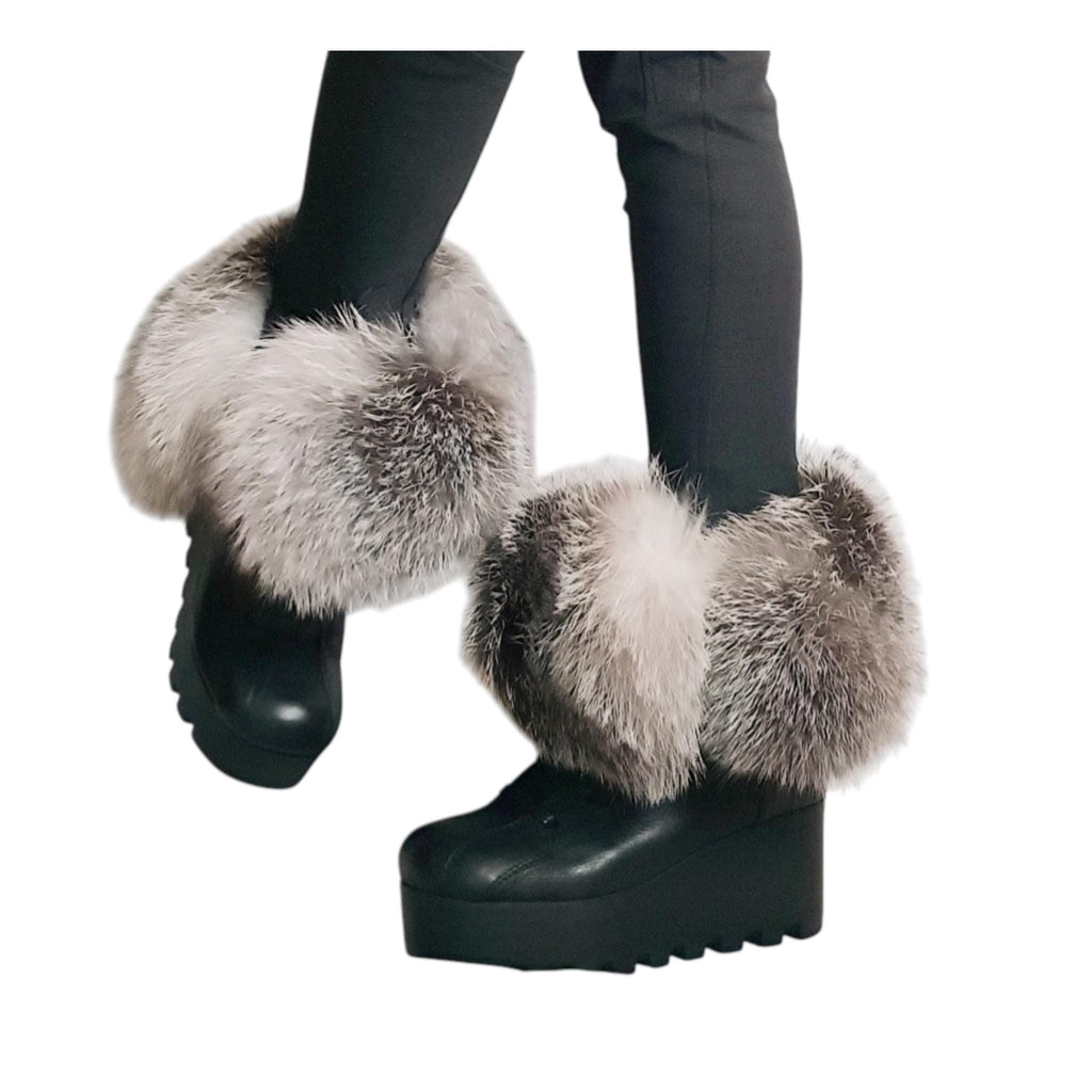Fox Fur Wedge Boots, Platform Winter Booties, Handmade Leather Ankle Shoes