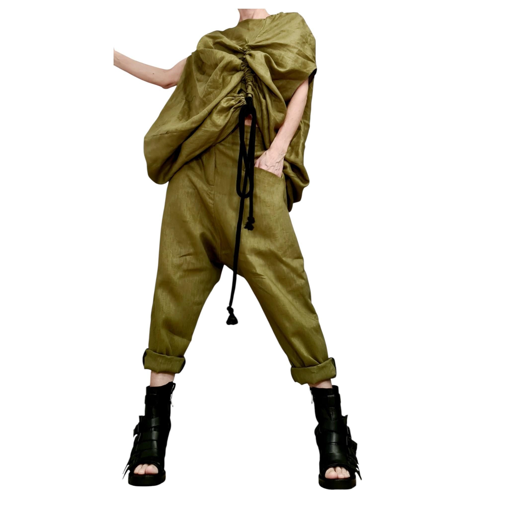 Military Green Linen Set – Avant Garde Drop Crotch Pants and Tunic