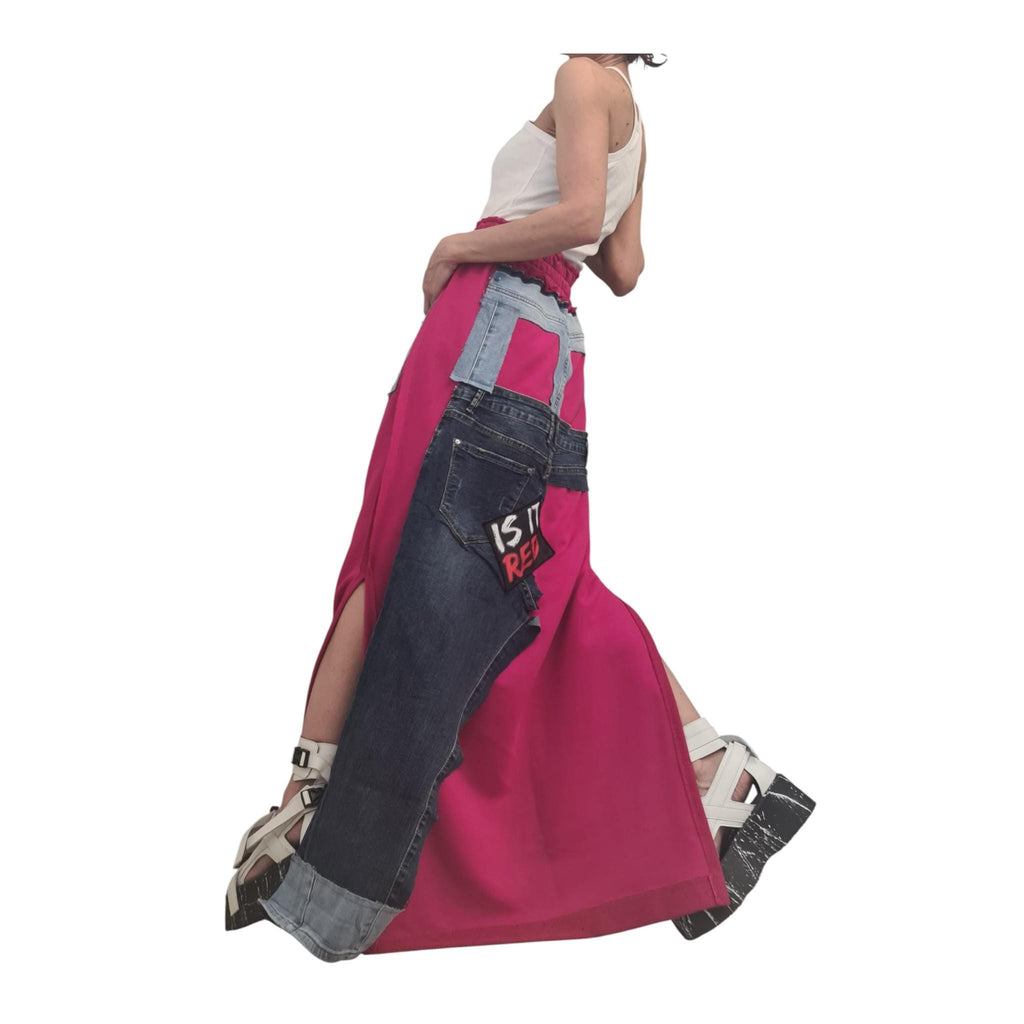 White Maxi Skirt, Cotton with Denim Details, Asymmetric Design with External Seams