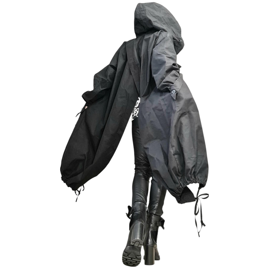 Black Asymmetrical Hooded Trench Coat, Oversized Jacket, Overlapping Open Back,  Drawstring Hem