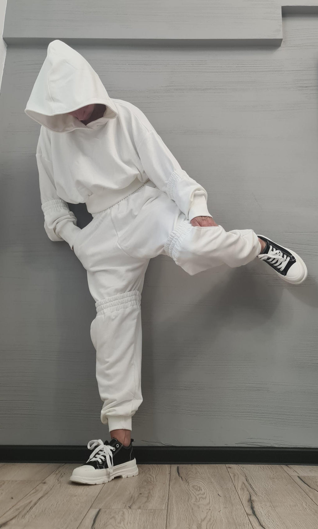 White Cotton Cargo Jogger Pants, Oversized Cropped Hoodie, Ruched Knee Panels, Two-Piece Co-Ord Set