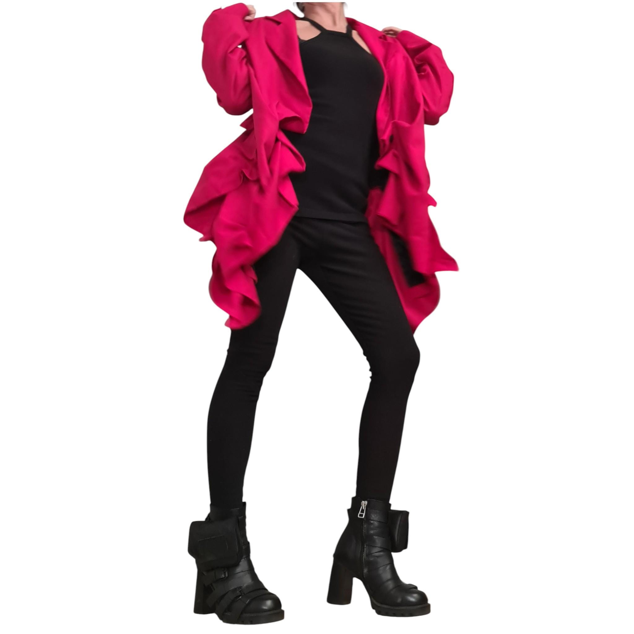 Red Linen Asymmetric Jacket, Open Back Short, Long Front Ruched Design, Avant Garde Blazer