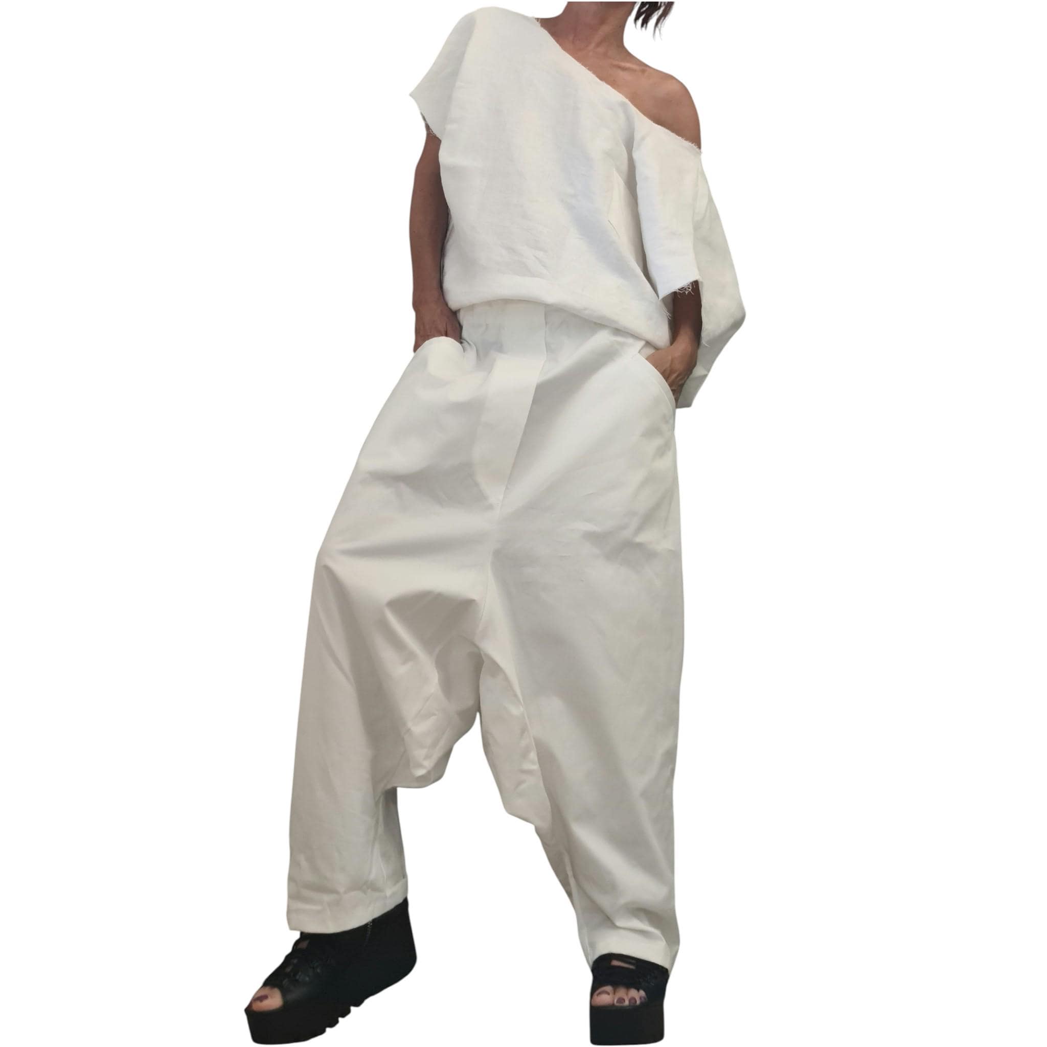 White Linen Harem Jumpsuit, Open Back Drop Crotch Overall, Sleeveless Loose Summer Romper