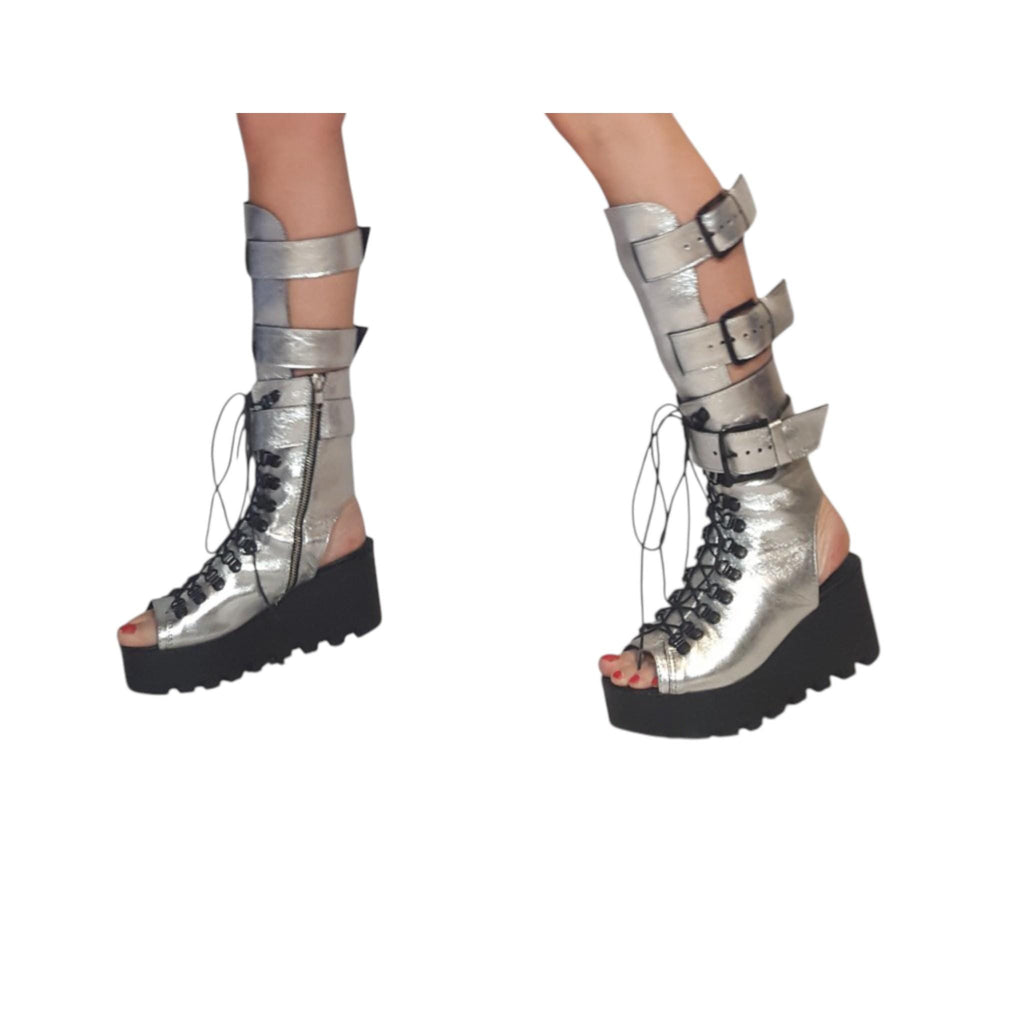 Black Leather Gladiator Sandals, Greek Style Platform Shoes, Open Toe Gothic Knee High Boots