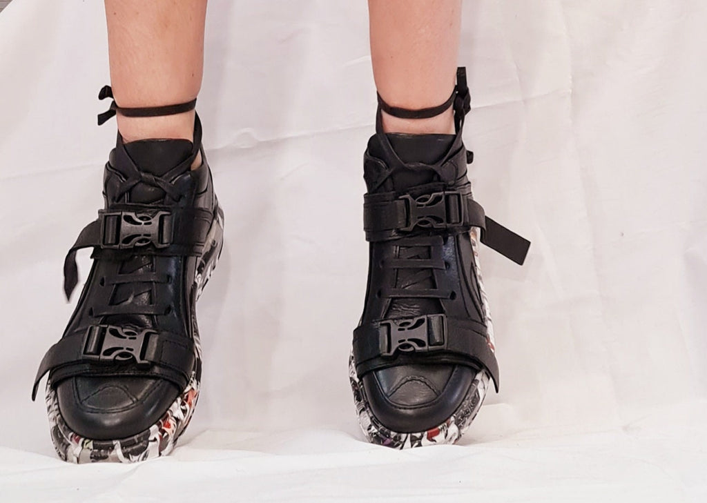 Black Leather Sneakers, Gothic Grunge Trainers, Colored Sole Women Footwear