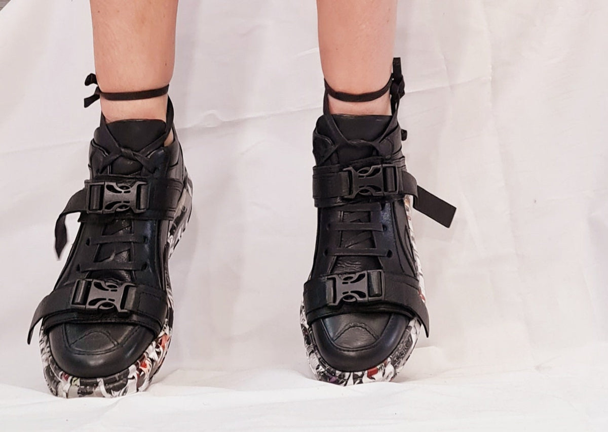 Black Leather Sneakers, Gothic Grunge Trainers, Colored Sole Women Footwear