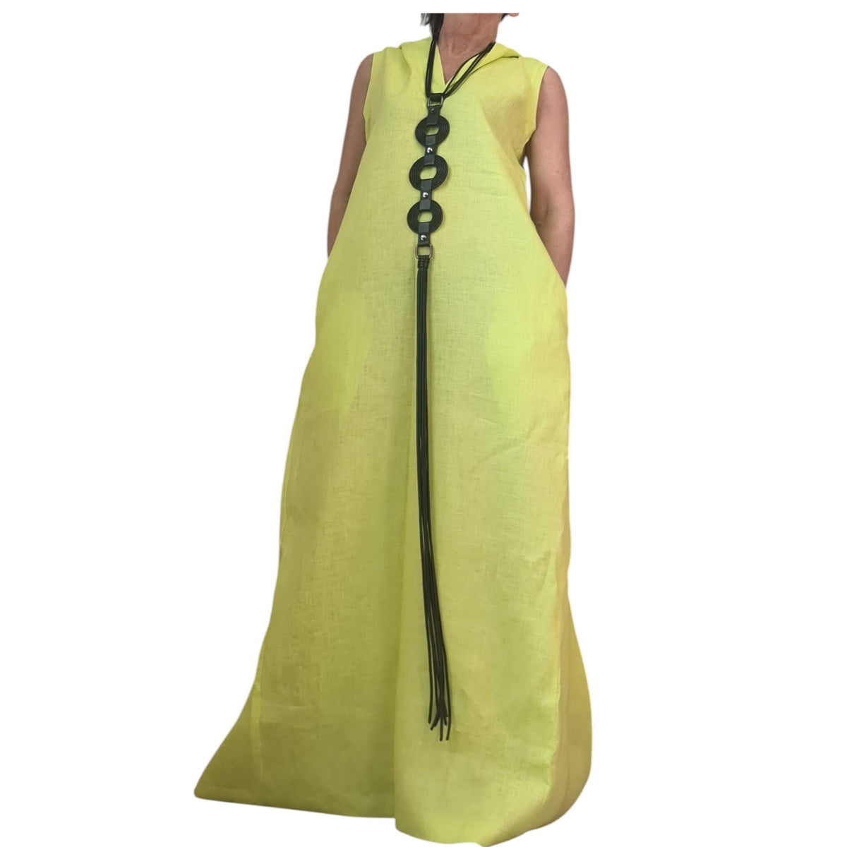 Olive Green Hooded Linen Dress, Sleeveless Maxi Dress, Boho Kaftan, Plus Size