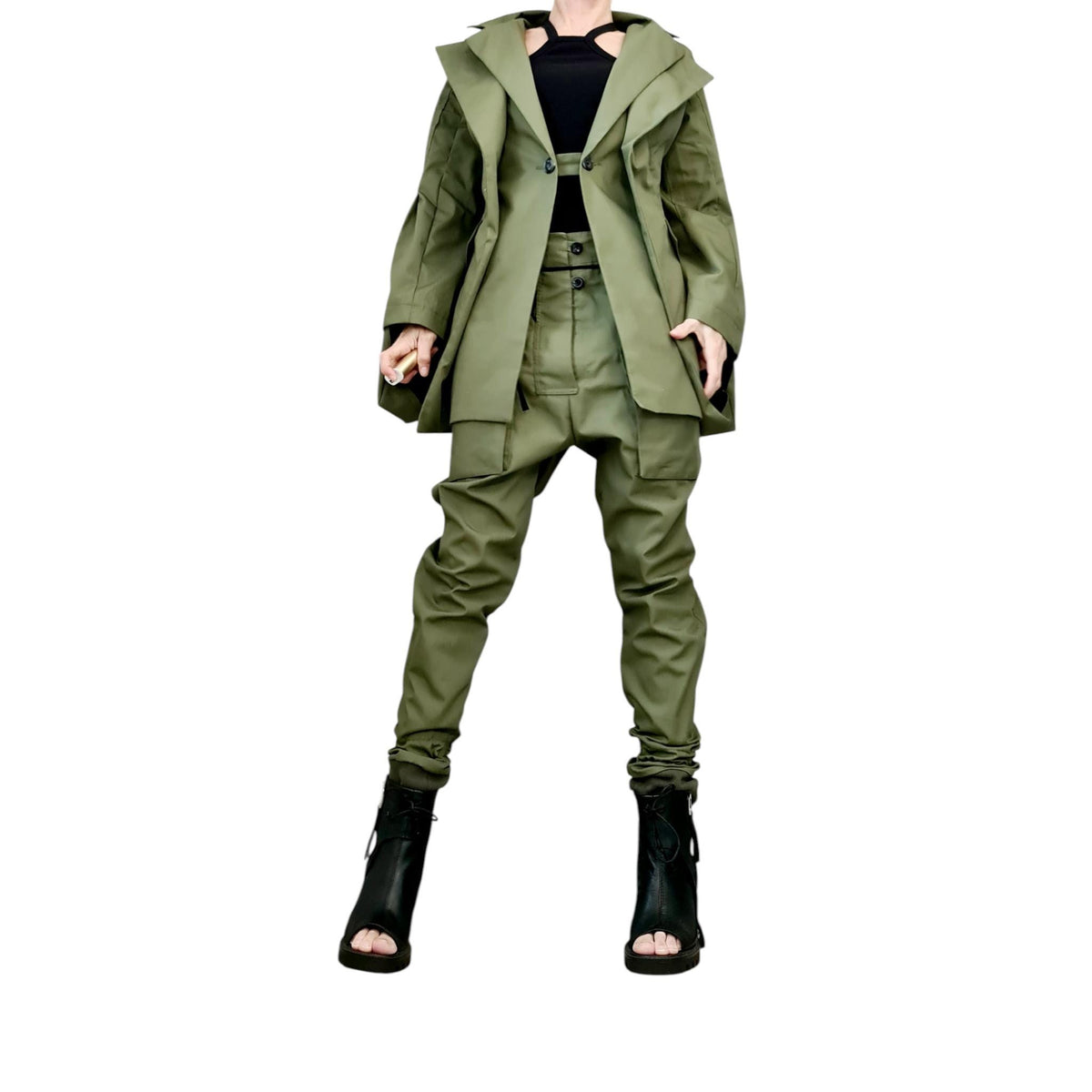 Military Green Cargo Pants, Drop Crotch Cotton Trousers, Slim Leg