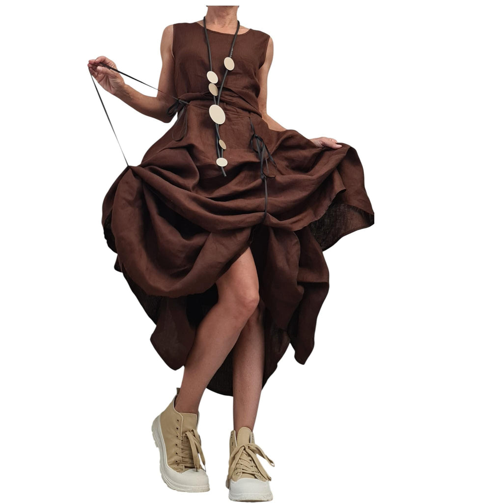 Brown Oversized Linen Ruffle Dress, Asymmetrical Skirt, High-Low Cut