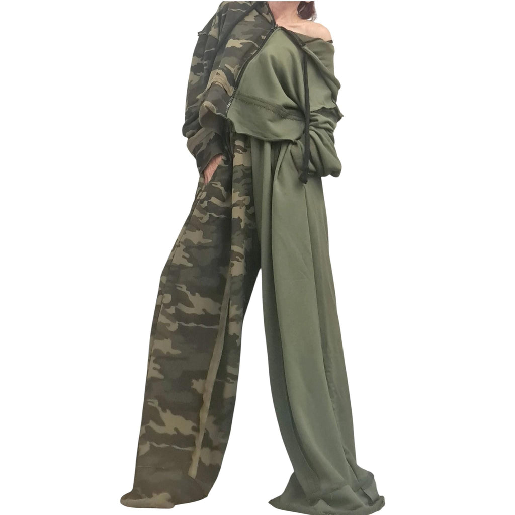 Olive Green Cotton Wide Leg Pants, Cropped Oversized Hoodie, Camouflage Panels, Two-Piece Co-Ord Set