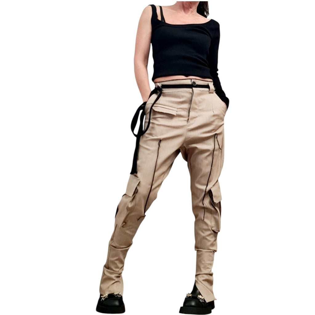 Extravagant Cargo Denim Pants, Fitted Casual Pants, Outer pockets