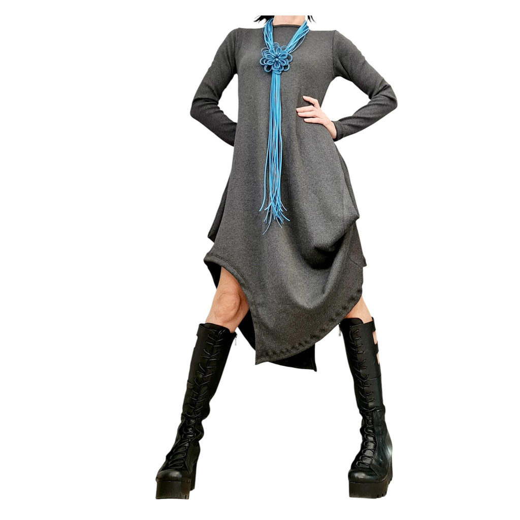 Grey Cotton Rib Dress, Long Sleeve Midi Dress, Avant Garde Loose Fit Kaftan